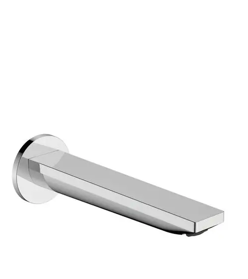 Chromfarbener Wanneneinlauf von Hansgrohe mit flachem, rechteckigem Auslauf und runder Wandmontage.